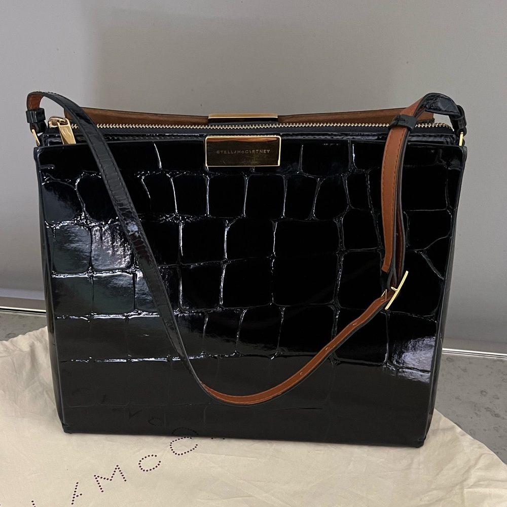 Stella McCartney Black Patent Croc-Embossed Shoulder Bag with Brown Strap